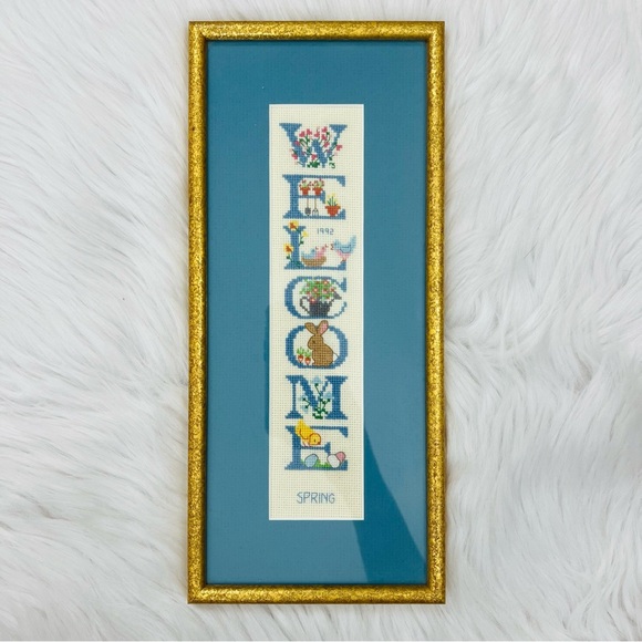 Vintage Framed Handmade Welcome Spring Framed Needlepoint Spring Themed